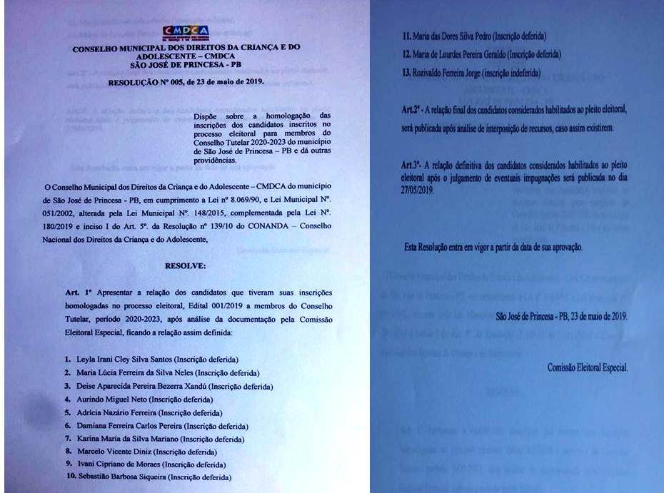 Conselho de São José de Princesa homologa nomes para eleição do Conselho Tutelar 2019