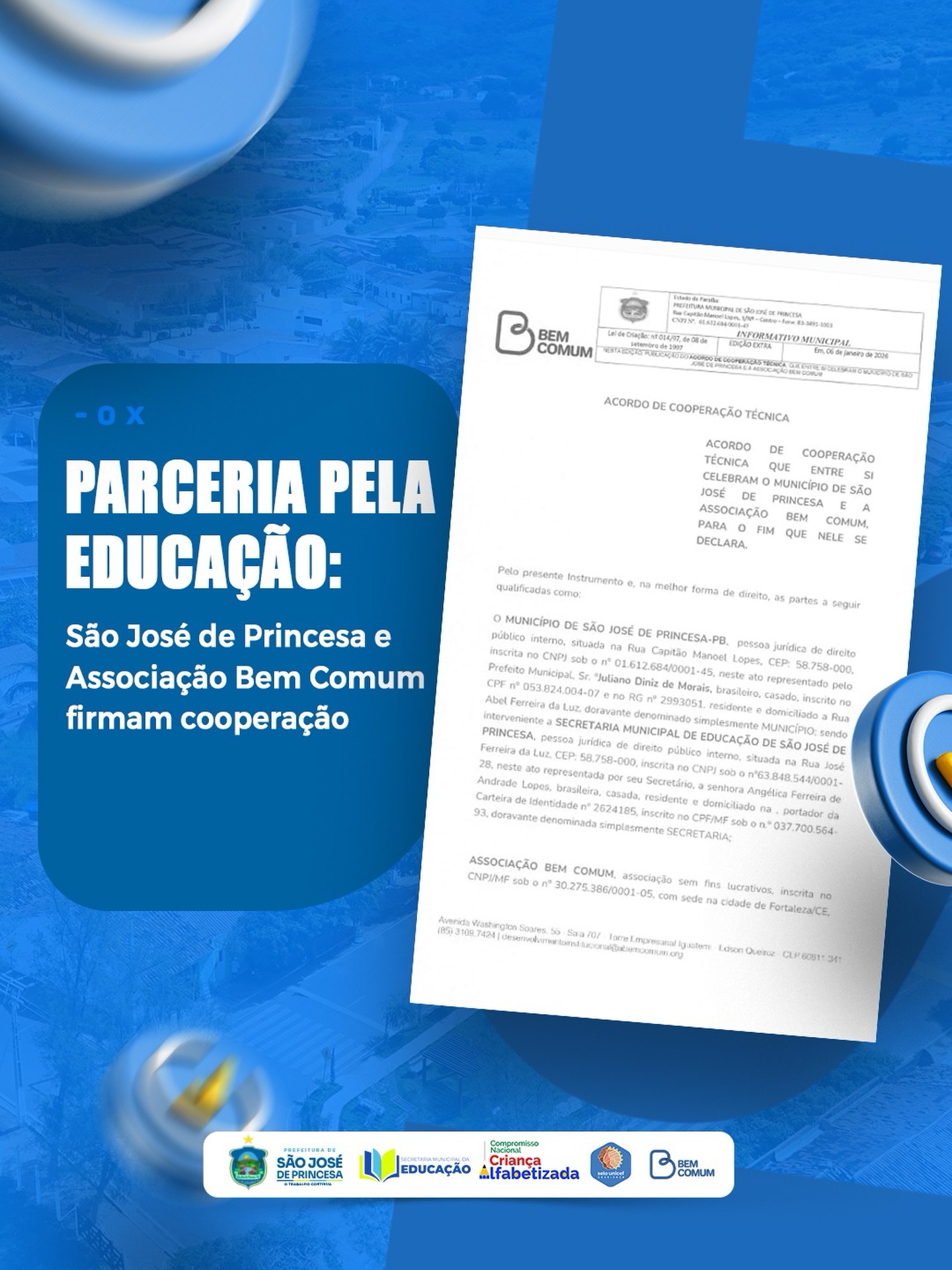 Parceria pela educação: São José de Princesa e Associação Bem Comum firmam cooperação